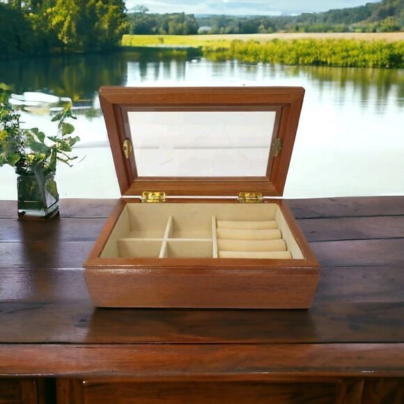 Vintage Jewelry Box Etched Glass Top Wood Tab Velvet Lined 80s 90s Hinge Dresser - Picture 15 of 16